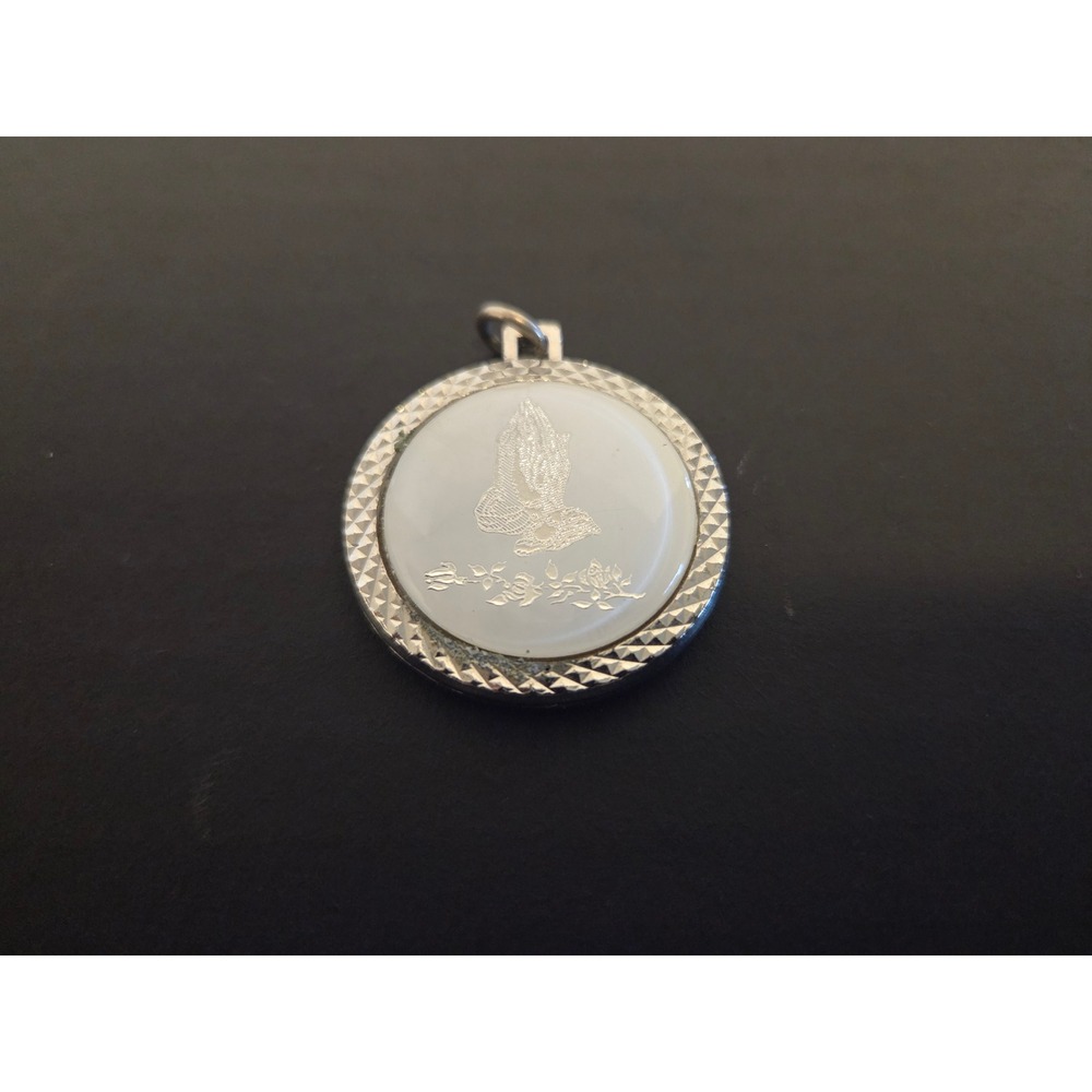 Vintage Praying Hands Rose Pendant Silver Tone Religious Medallion Mother Pearl